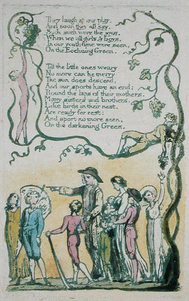 Zelená ozvěna a smějí se naší hře..., deska 8 z Songs of Innocence, 1789 (ručně kolorovaný reliéfní lept s akvarelem) od William Blake