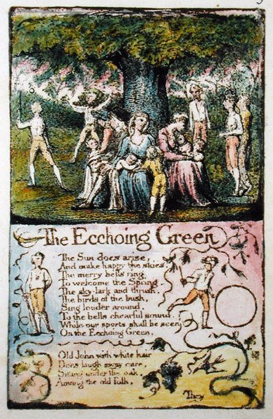 Ozvěna zeleně, deska 5 (Bentley 6) z knihy Písně nevinnosti a zkušenosti (Bentley Copy L) 1789-94 (lept s perem a čb) od William Blake
