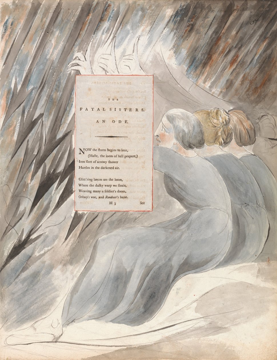 The Fatal Sisters, design 71 z The Poems of Thomas Gray, 1797-98 (wc s perem a inkoustem na papíře) od William Blake