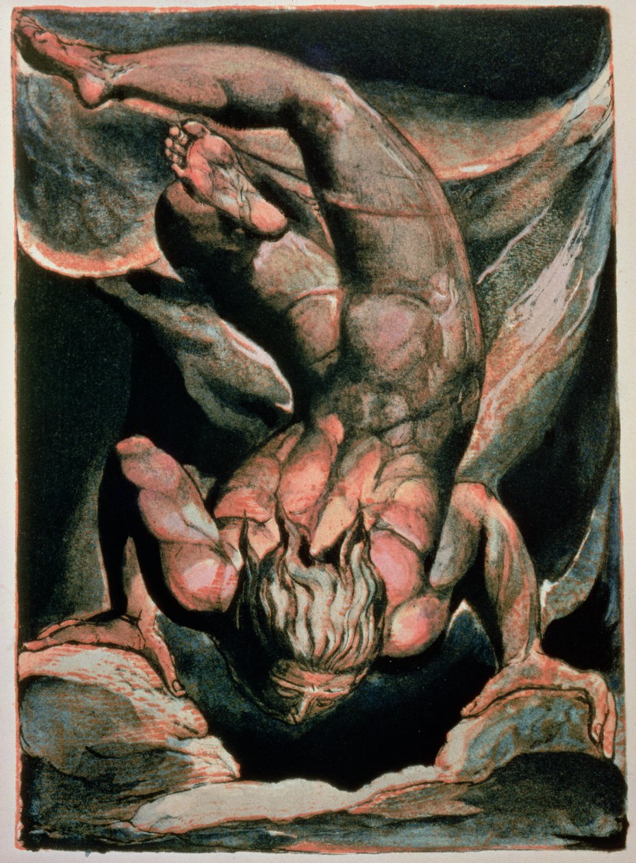 První kniha Urizenova; Muž plovoucí hlavou dolů, 1794 (barevně tištěný reliéfní lept) od William Blake