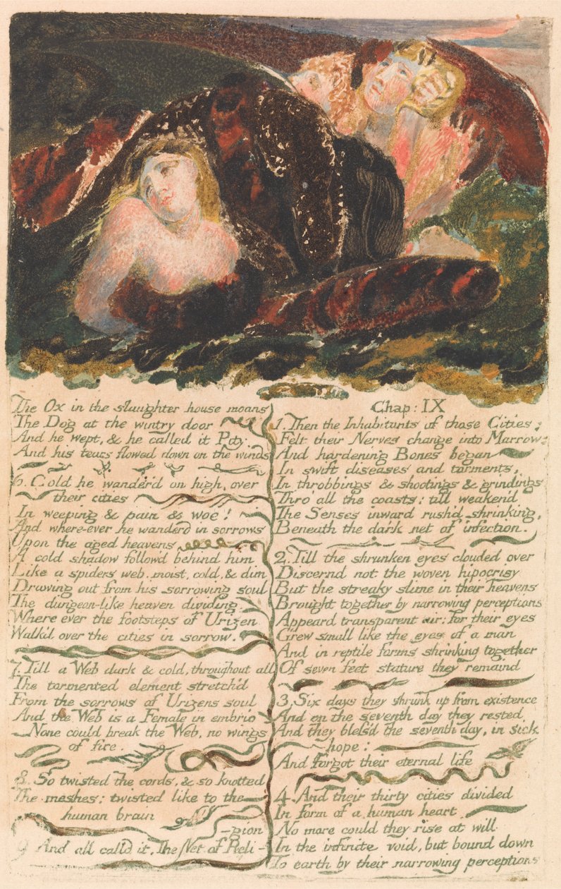 První kniha Urizena, talíř 23- Vůl na jatkách sténá. . . . (Bentley 25) od William Blake