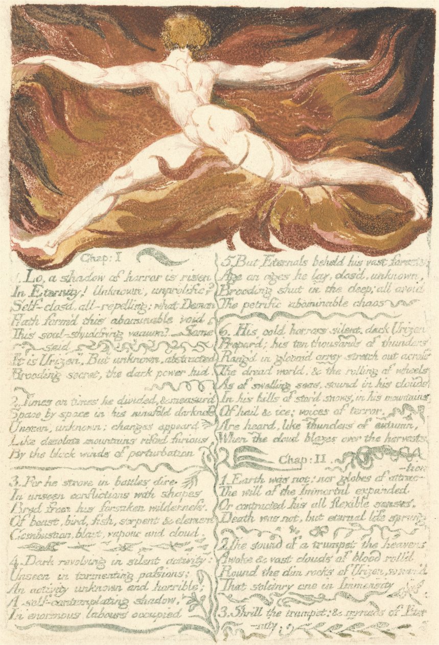 The First Book of Urizen, deska 3, kapitola I I. Lo, a shadow.., 1794 (reliéfní lept s wc) od William Blake