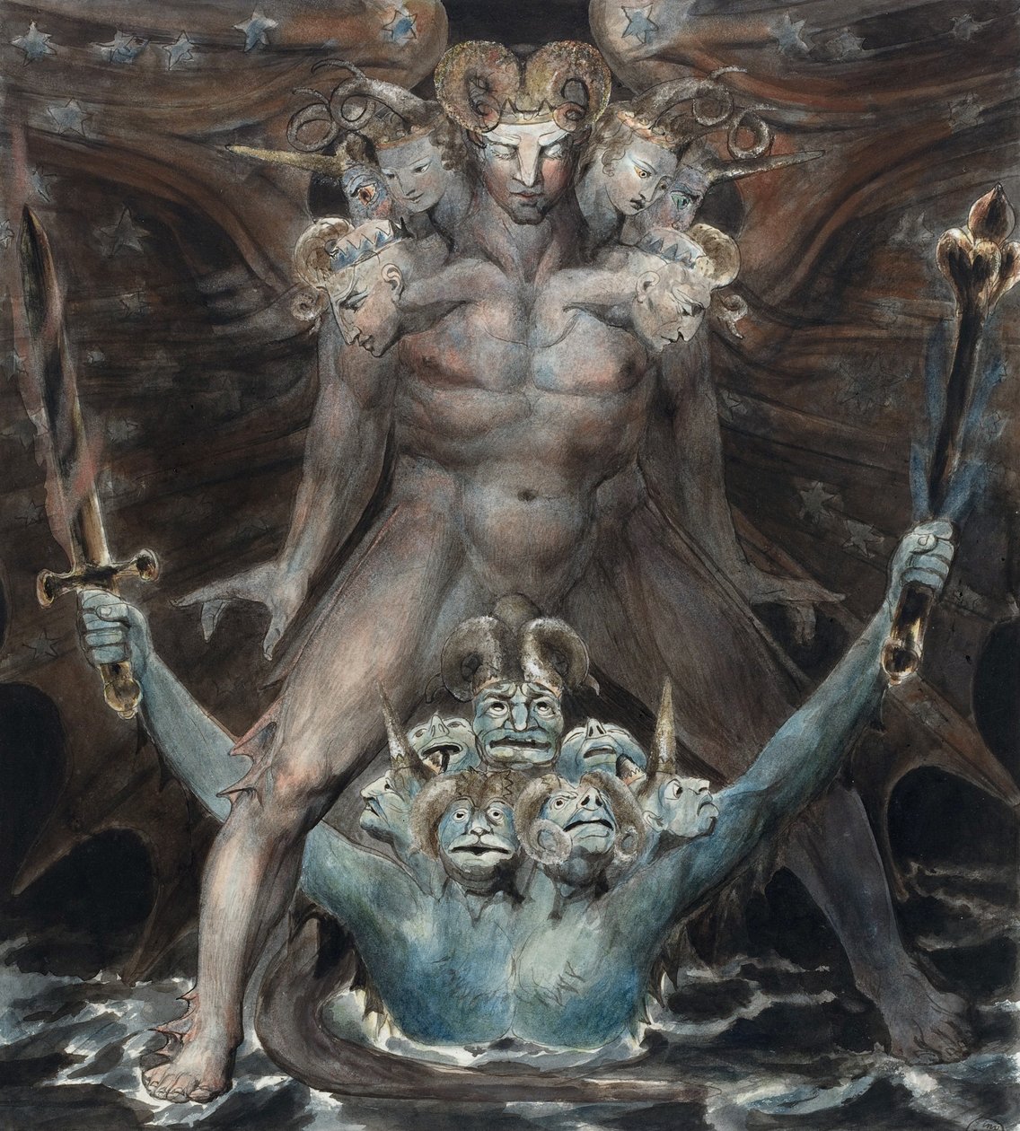 Velký červený drak a zvíře z moře od William Blake