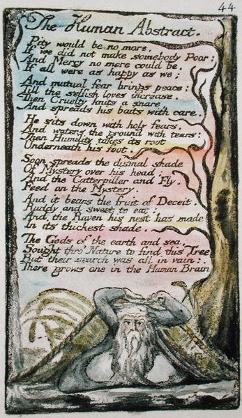 The Human Abstract, deska 44 (Bentley 47) z Songs of Innocence and of Experience (Bentley Copy L) 1789-94 (reliéfní lept perem a wc na papíře) od William Blake
