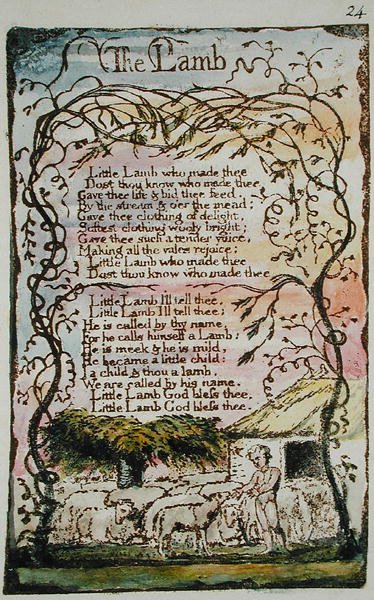 The Lamb, ilustrace z Songs of Innocence and of Experience, (Bentley Copy L) pl.24 (Bentley 8) 1789-94 (reliéfní lept perem a wc na papíře) od William Blake
