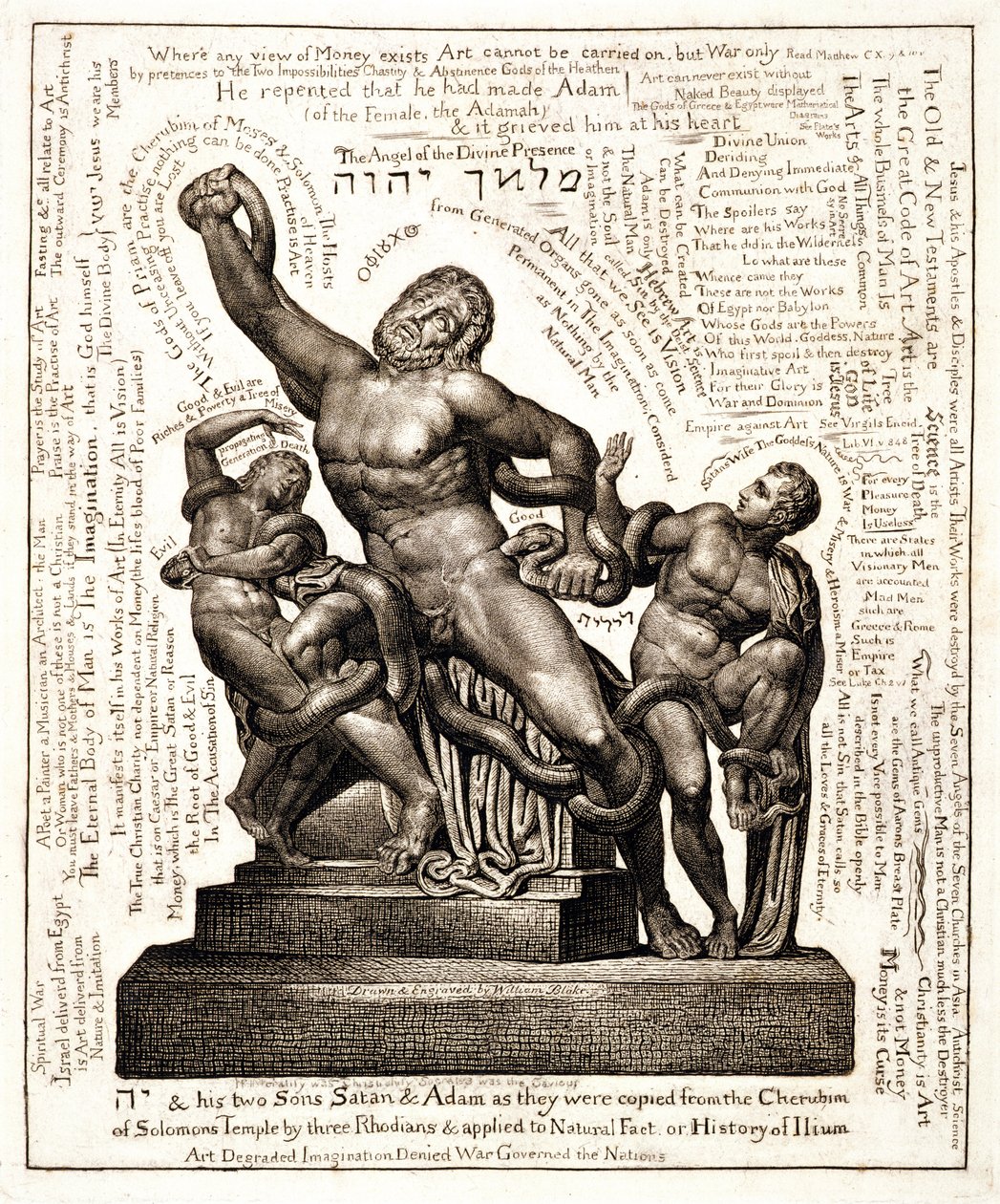 Laocoon jako Jehova se Satanem a Adamem, kolem roku 1820 (čárová rytina) od William Blake