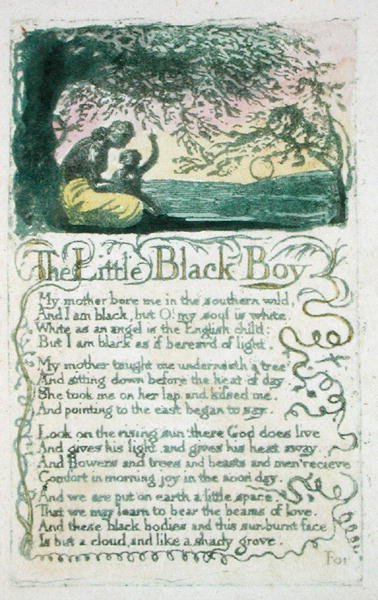 The Little Black Boy, deska 5 z Songs of Innocence, 1789 (ručně kolorovaný reliéfní lept s wc na papíře) od William Blake