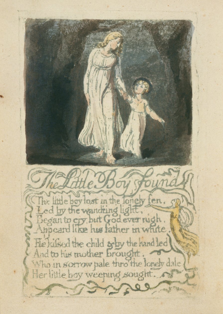The Little Boy Found, deska 16 z Songs of Innocence, 1789 (ručně kolorovaný reliéfní lept akvarelem) od William Blake