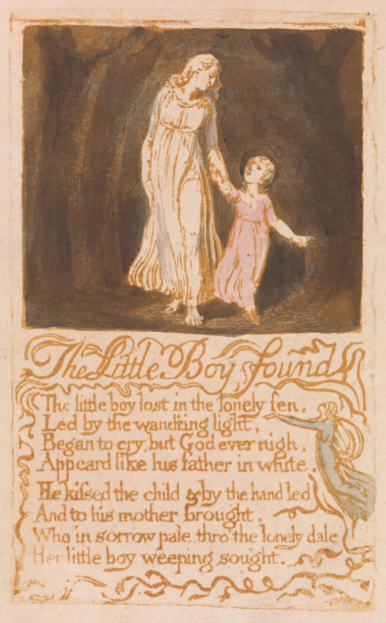 The Little Boy Found, deska 21 z Songs of Innocence, 1789 (reliéfní lept s wc) od William Blake