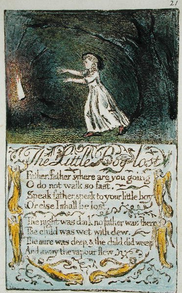 The Little Boy Lost, ilustrace z Songs of Innocence and of Experience (Bentley Copy L) pl.21 (Bentley 13) 1789-94 (reliéfní lept perem a wc na papíře) od William Blake