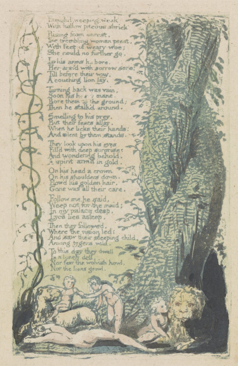 The Little Girl Found, and Famishd weeping..., plate 2 from The Songs of Innocence, 1789 (ručně kolorovaný reliéfní lept akvarelem) od William Blake