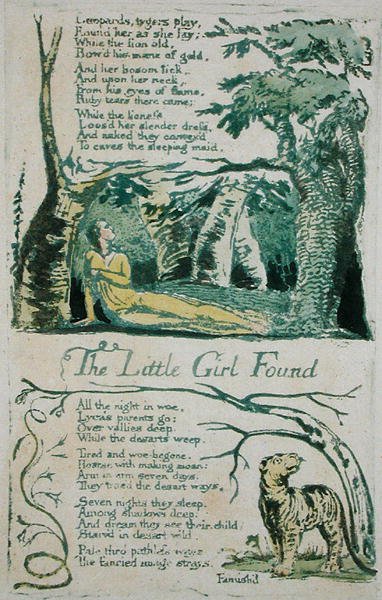 Ztracená holčička a Leopardi, tygři si hrají..., a Malá holčička nalezená deska 20 z Písní nevinnosti, 1789 (ručně kolorovaný reliéfní lept akvarelem) od William Blake