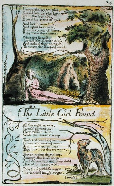 The Little Girl Lost a The Little Girl Found, deska 34 (Bentley 35) z Songs of Innocence and of Experience (Bentley Copy L) 1789-94 (reliéfní lept s perem a wc) od William Blake