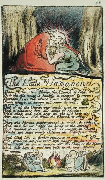 The Little Vagabond, deska 43 (Bentley 45) z Songs of Innocence and of Experience (Bentley Copy L) 1789-94 (reliéfní lept s perem a wc) od William Blake