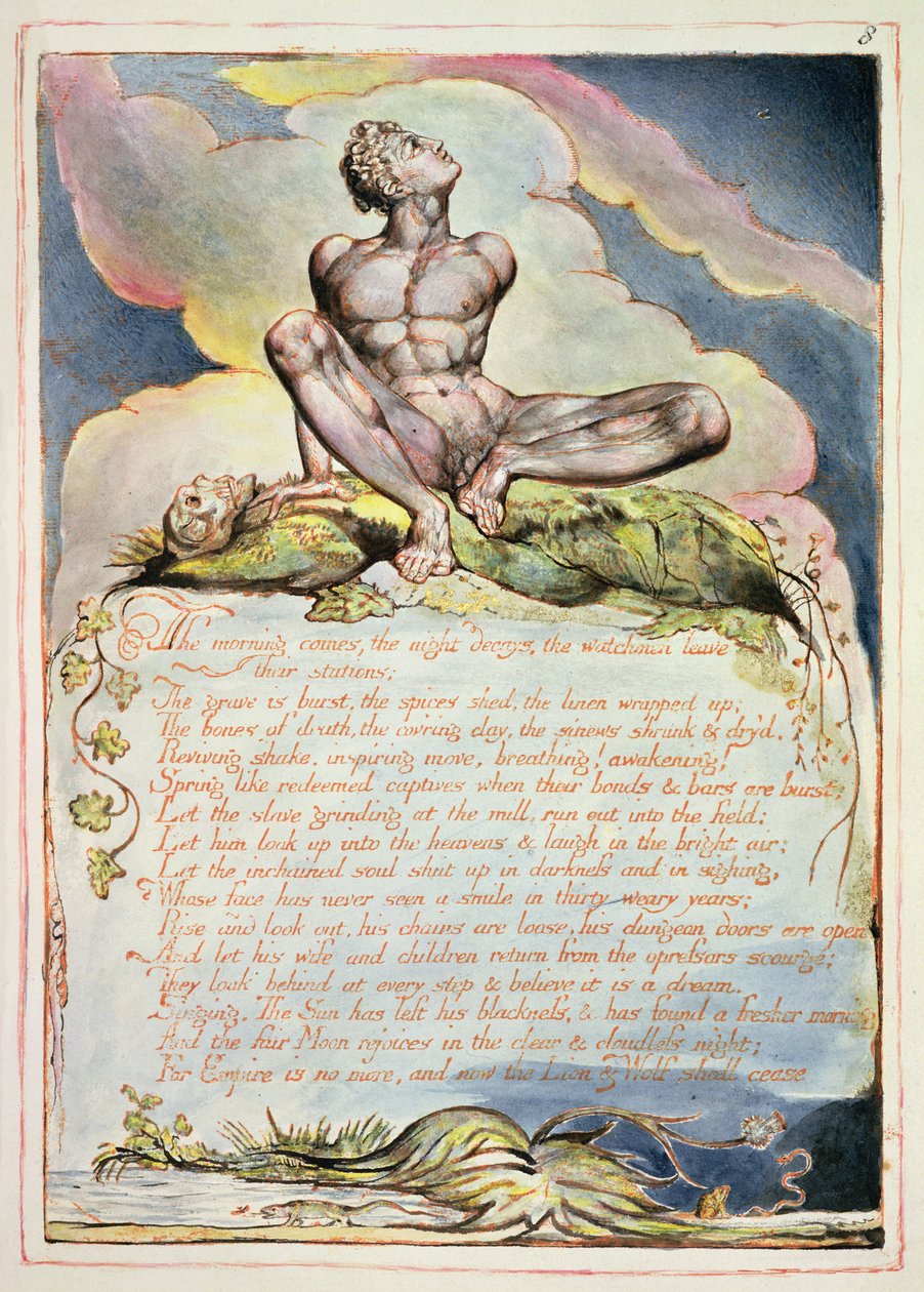The Morning Comes, deska 6 z knihy "Amerika, proroctví", 1793 (reliéfní lept a čb na papíře) od William Blake