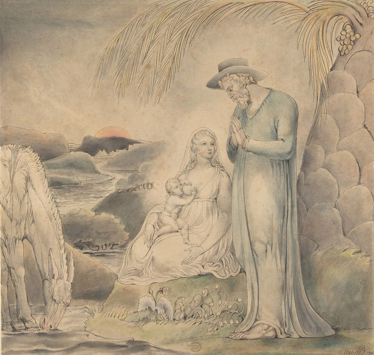 Zbytek na útěku do Egypta, 1806 (wc, pero a černý inkoust přes grafit) od William Blake