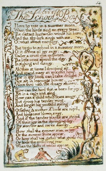The School Boy, deska 54 (Bentley 53) z Songs of Innocence and of Experience, (Bentley Copy L) c.1789-94 (reliéfní lept s perem a wc) od William Blake