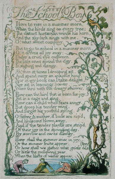 The School Boy, deska 12 z Songs of Innocence, 1789 (ručně kolorovaný reliéfní lept s akvarelem) od William Blake