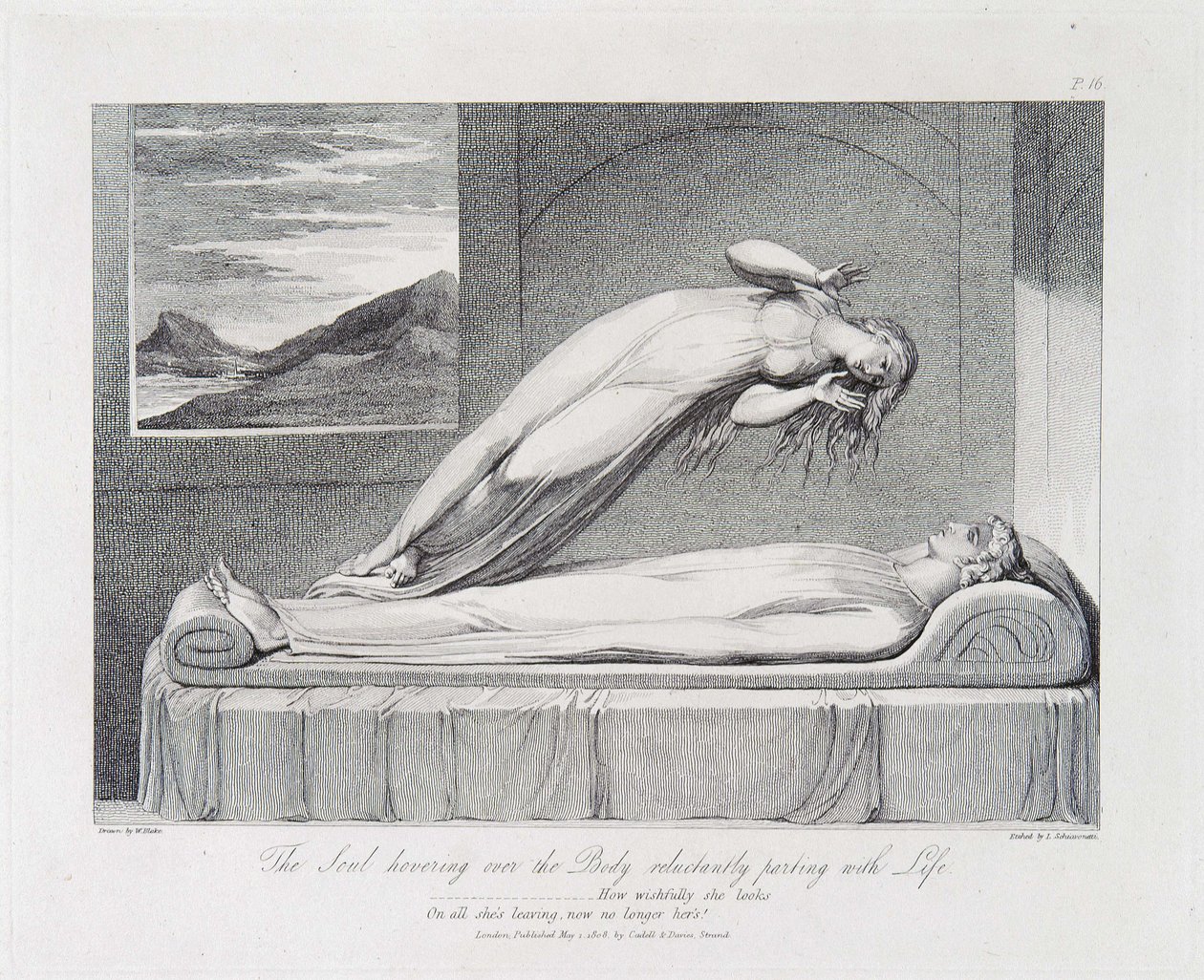 Duše vznášející se nad tělem se neochotně rozloučila se životem od William Blake