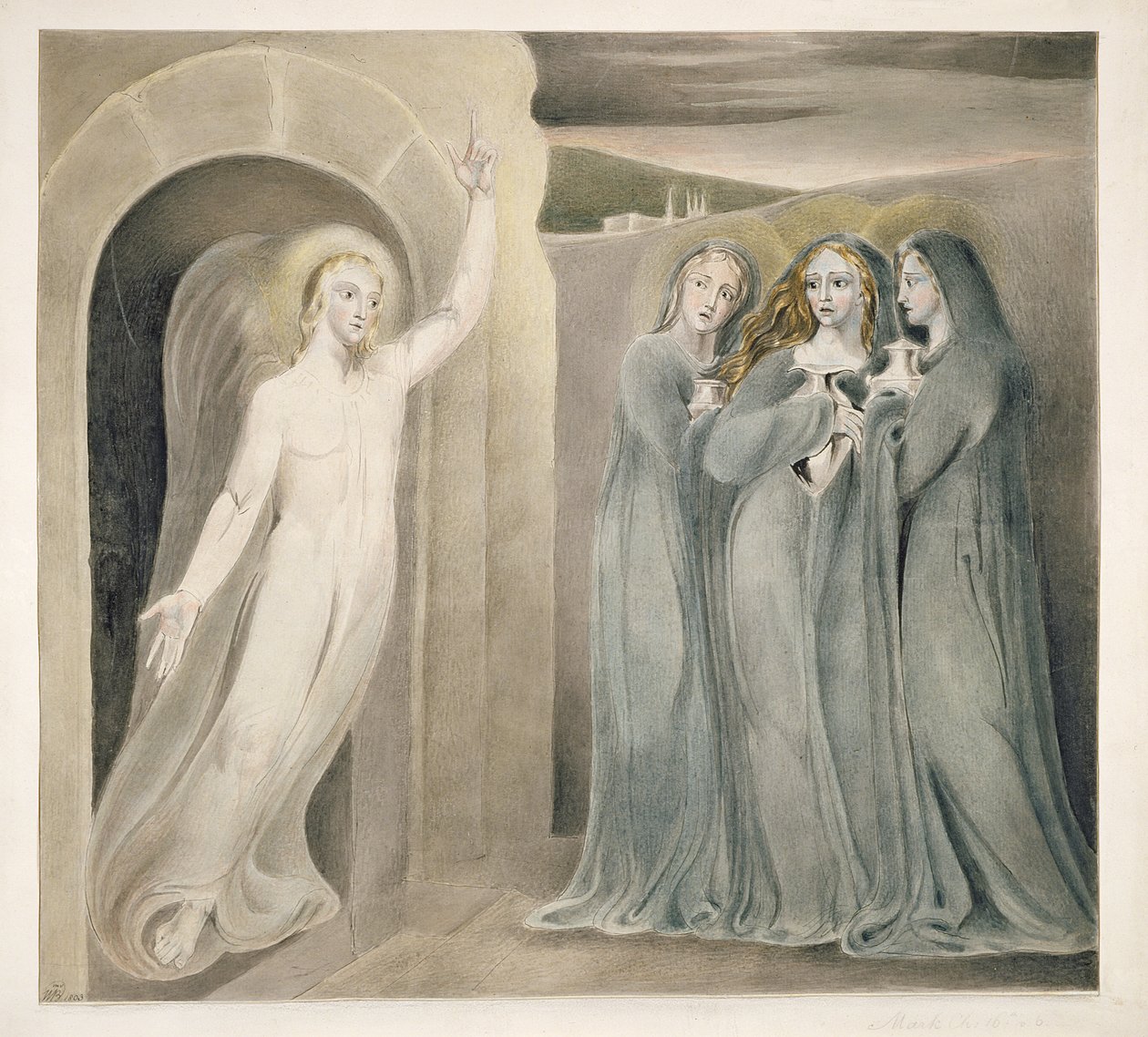The Three Marys at the Sepulchre, c.1800 (pero a inkoust s praním a wc na papíře) od William Blake