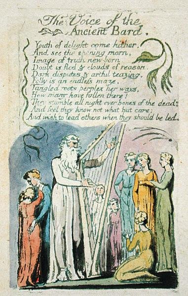 The Voice of the Ancient Bard, from Songs of Innocence, 1789 (ručně kolorovaný reliéfní lept s wc na papíře) od William Blake