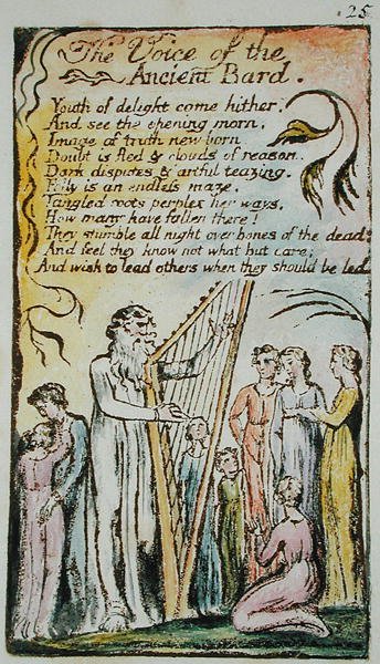 The Voice of the Ancient Bard, ilustrace z Songs of Innocence and of Experience, (Bentley Copy L) pl.25 (Bentley 54) 1789-94 (reliéfní lept perem a wc na papíře) od William Blake