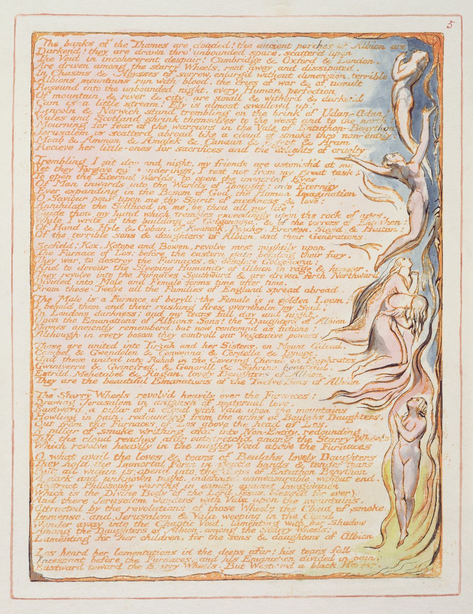 „Břehy Temže...“, deska 5 z „Jeruzaléma“, 1804-20 (reliéfní lept oranžově tištěný perem a wc) od William Blake