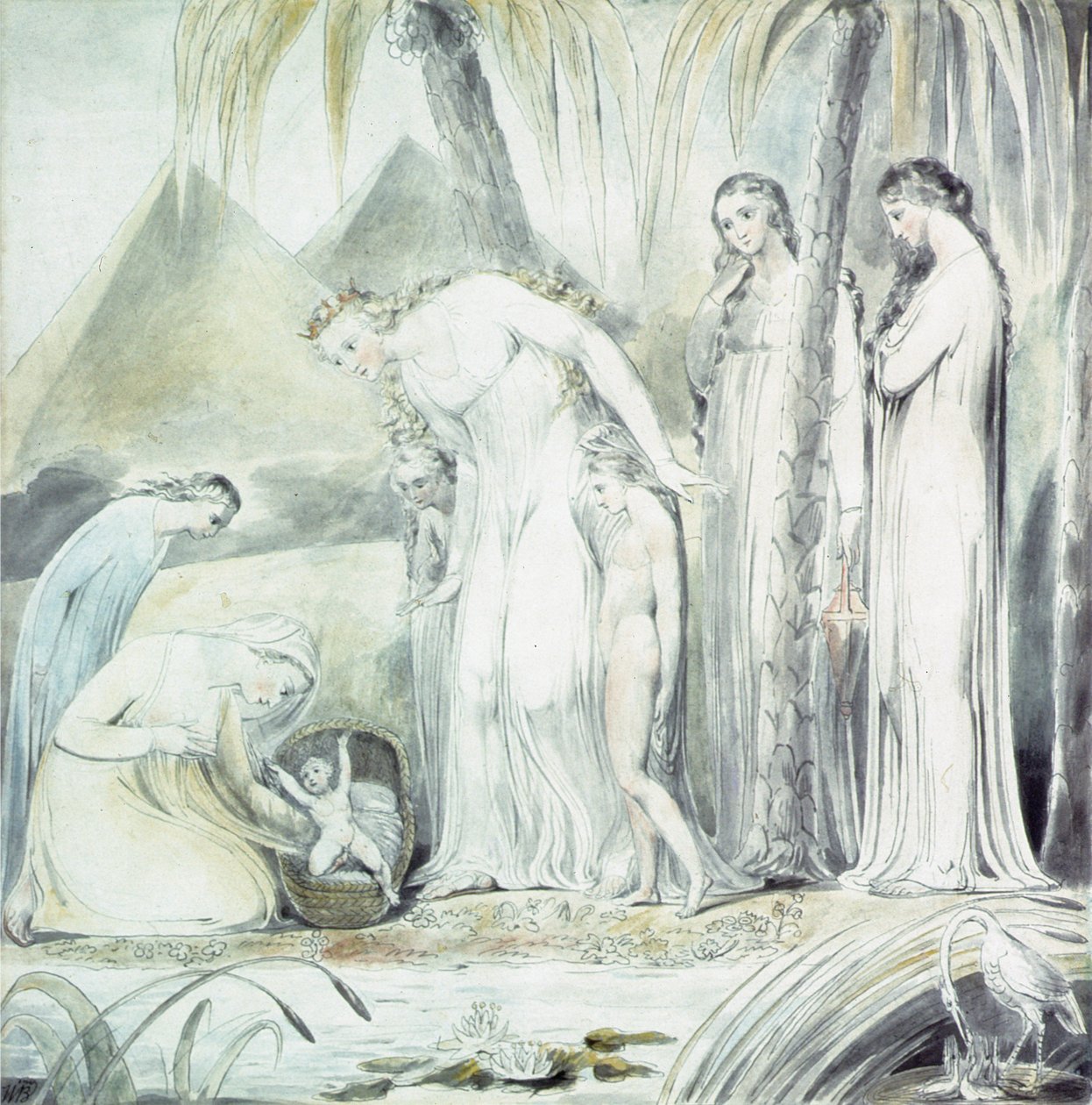 Soucit faraonovy dcery aneb Nalezení Mojžíše, 1805 (pero a wc přes tužku) od William Blake