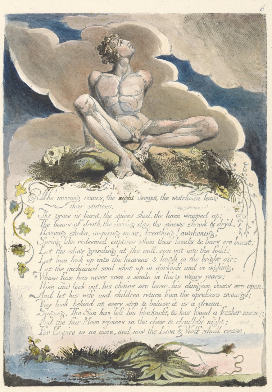 Přichází ráno..., deska 8 z Ameriky: Proroctví, 1793 (reliéfní lept vytištěný černě perem a inkoustem a wc) od William Blake