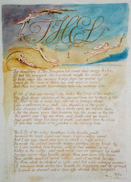 Thel I The Daughters of Mne Seraphim..., deska 3 z The Book of Thel, 1789 (reliéfní lept tištěný hnědě s wc na papíře) od William Blake