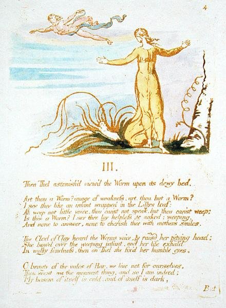 Potom The Astonished..., deska 6 z The Book of Thel, 1789 (ručně kolorovaný reliéfní lept perem a wc na papíře) od William Blake