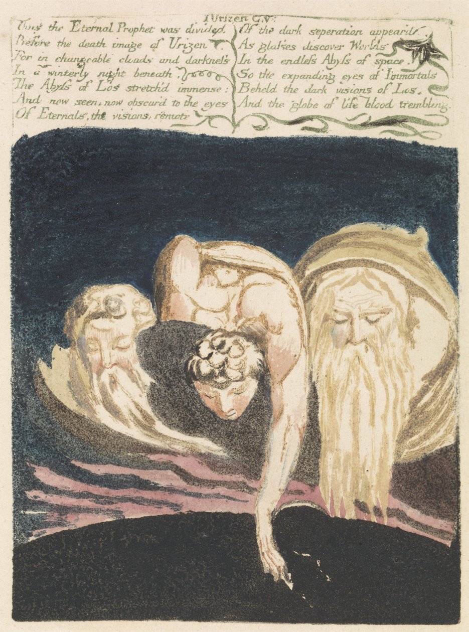 Tak byl Věčný prorok rozdělen..., deska 13 z První knihy Urizena, 1794 (barevně tištěný reliéfní lept akvarelem) od William Blake