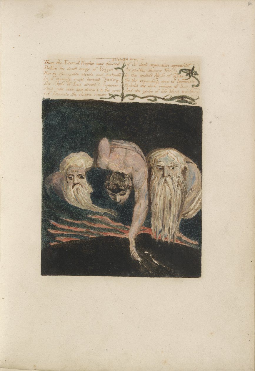 Tak byl Věčný prorok rozdělen..., deska 20 z The First Book of Urizen, 1794 (barevně tištěný reliéfní lept inkoustem a wc na papíře) od William Blake