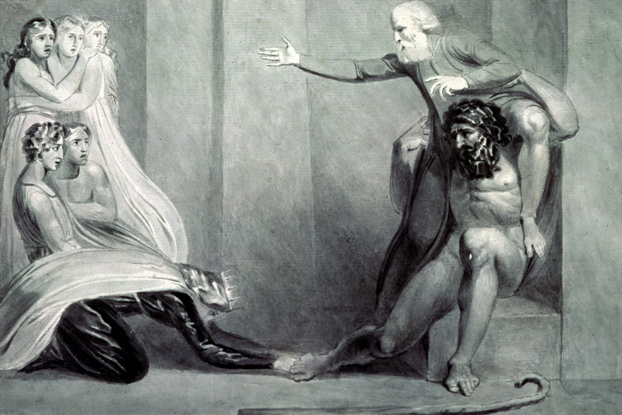 Tiriel, nesený zpět do paláce na ramenou svého bratra Ijima, oslovuje svých pět dcer od William Blake