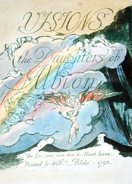 Titulní strana, recto, deska 2 z Visions of the Daughters of Albion, 1793 (reliéfní lept tištěný zeleně s wc na papíře) od William Blake