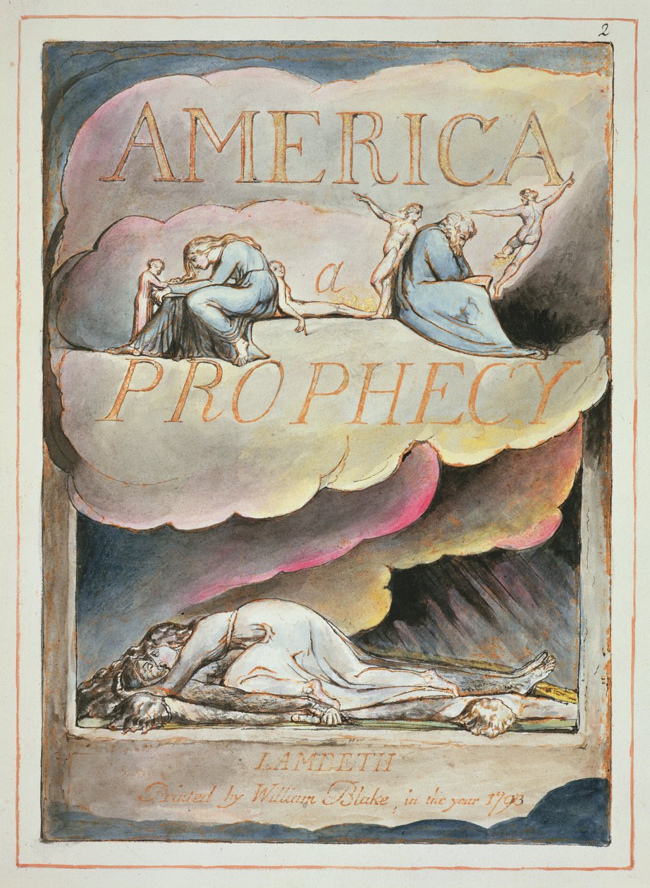 Titulní strana do Ameriky, proroctví, 1793 (reliéfní lept a wc na papíře) od William Blake