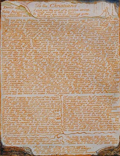 Křesťanům..., deska 77 z Jeruzaléma, 1804-20 (lept tištěný oranžově perem a wc na papíře) od William Blake