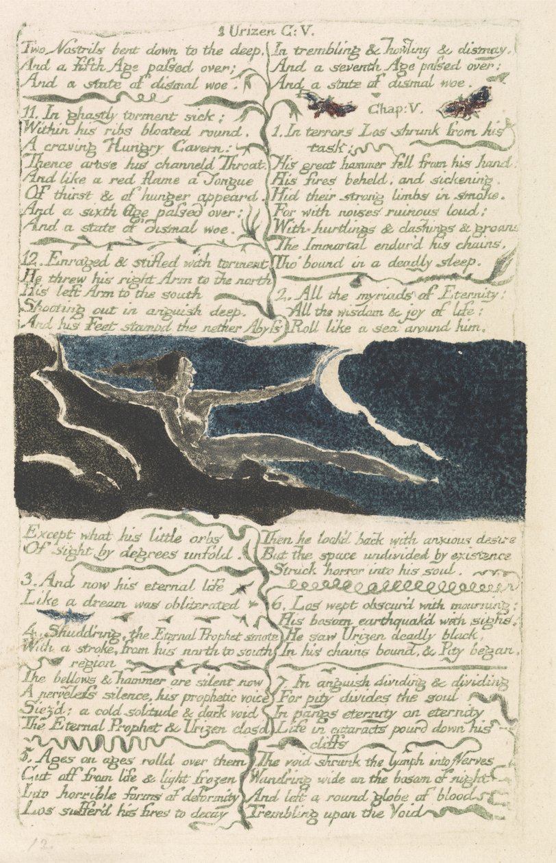Dvě nosní dírky zahnuté dolů k hluboké..., deska 11 z První knihy Urizena, 1794 (barevně tištěný reliéfní lept akvarelem) od William Blake