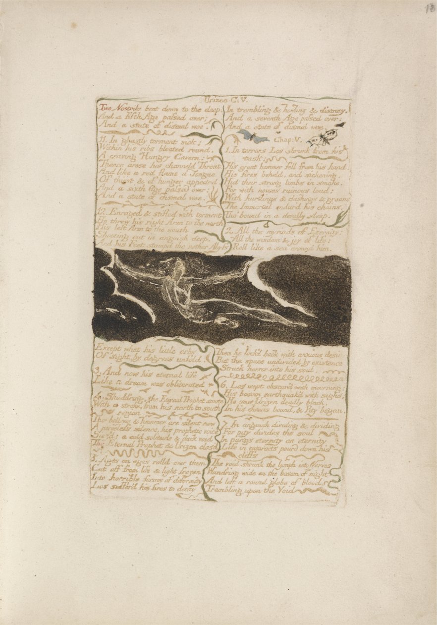 Dvě nozdry zahnuté dolů do hluboké..., deska 16 z The First Book of Urizen, 1794 (barevně tištěný reliéfní lept inkoustem a wc na papíře) od William Blake