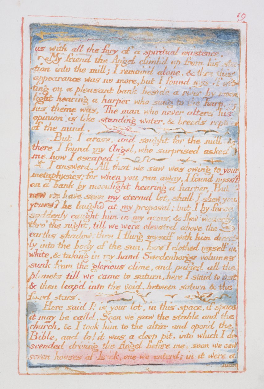My se vší zuřivostí duchovní existence..., text ze Sňatku nebe a pekla, kolem roku 1790-3 (reliéfní lept hotový perem a akvarelem) od William Blake