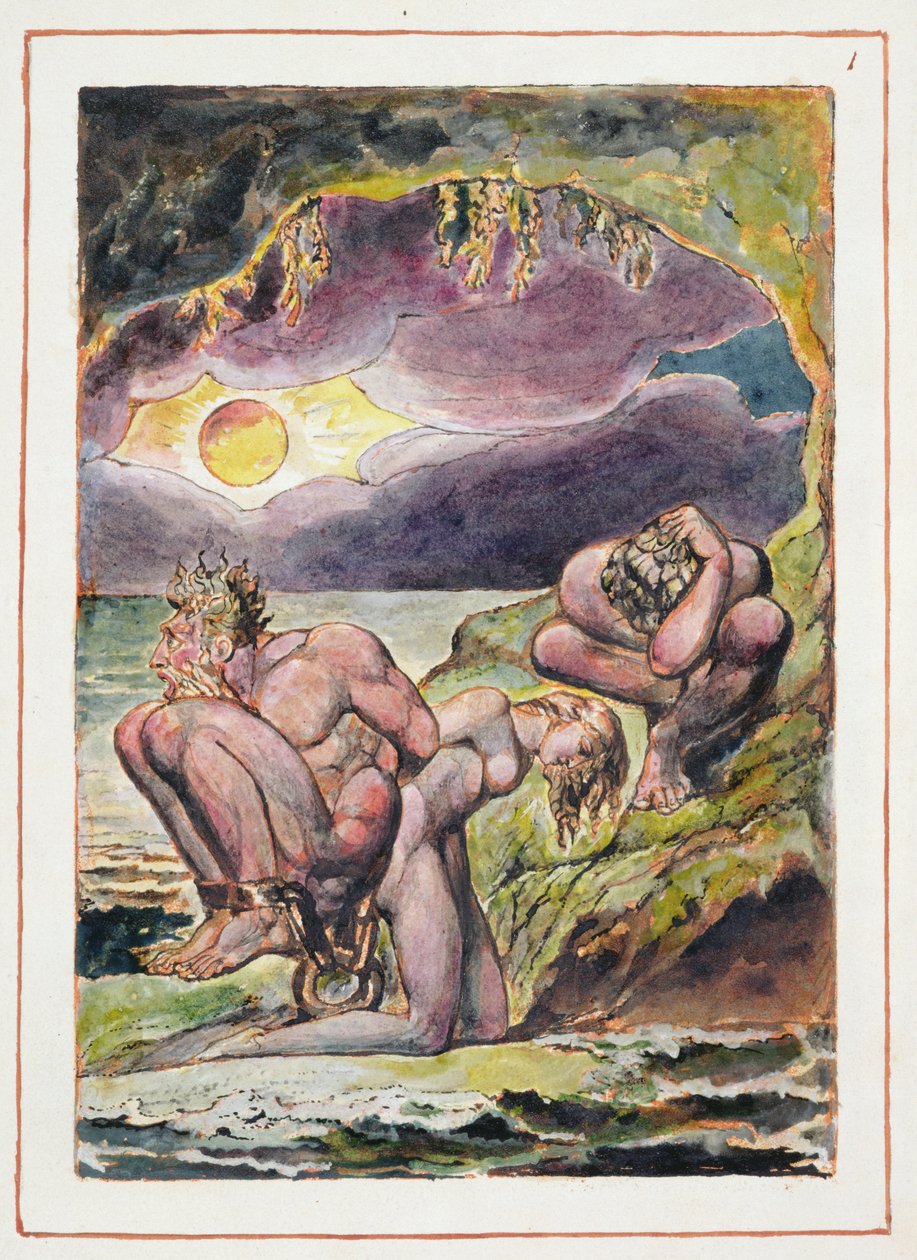Visions of the Daughters of Albion: Frontispiece, navržený v roce 1793, dokončen kolem roku 1815 (reliéfní lept perem a wc na papíře) od William Blake