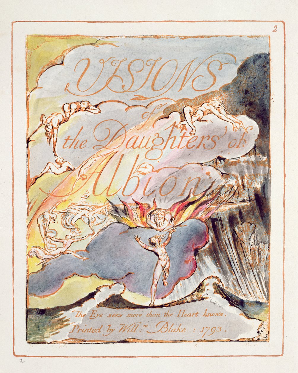 Visions of the Daughters of Albion: Title Page, navržený v roce 1793, dokončen kolem roku 1815 (reliéfní lept perem a wc na papíře) od William Blake
