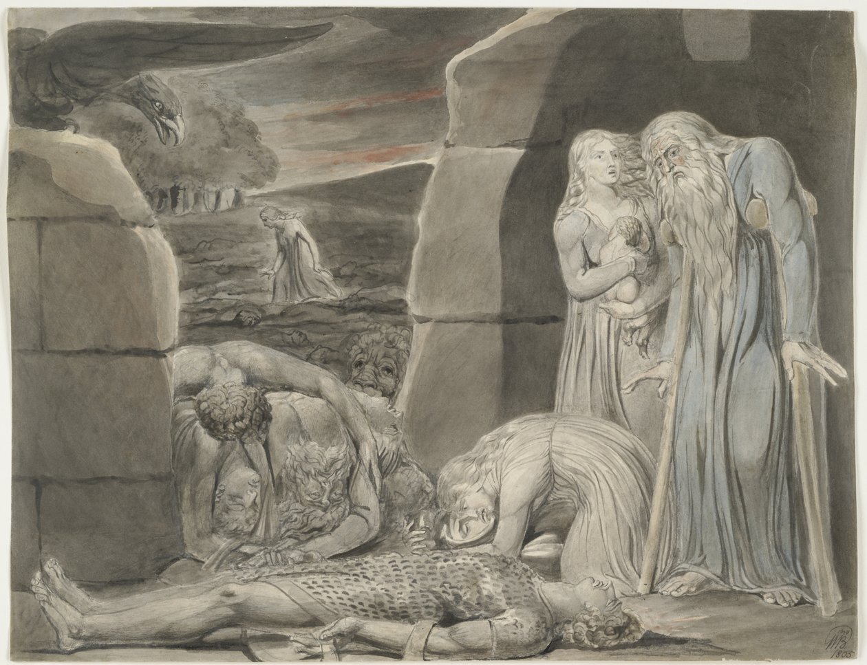 Válka, 1805 (wc, černý a šedý inkoust a grafit na špinavě bílém tkaném papíře) od William Blake