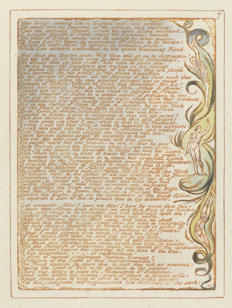 Žil: lapal po dechu..., deska 7 z Jeruzaléma, 1804-20 (reliéfní lept oranžově tištěný perem a wc) od William Blake