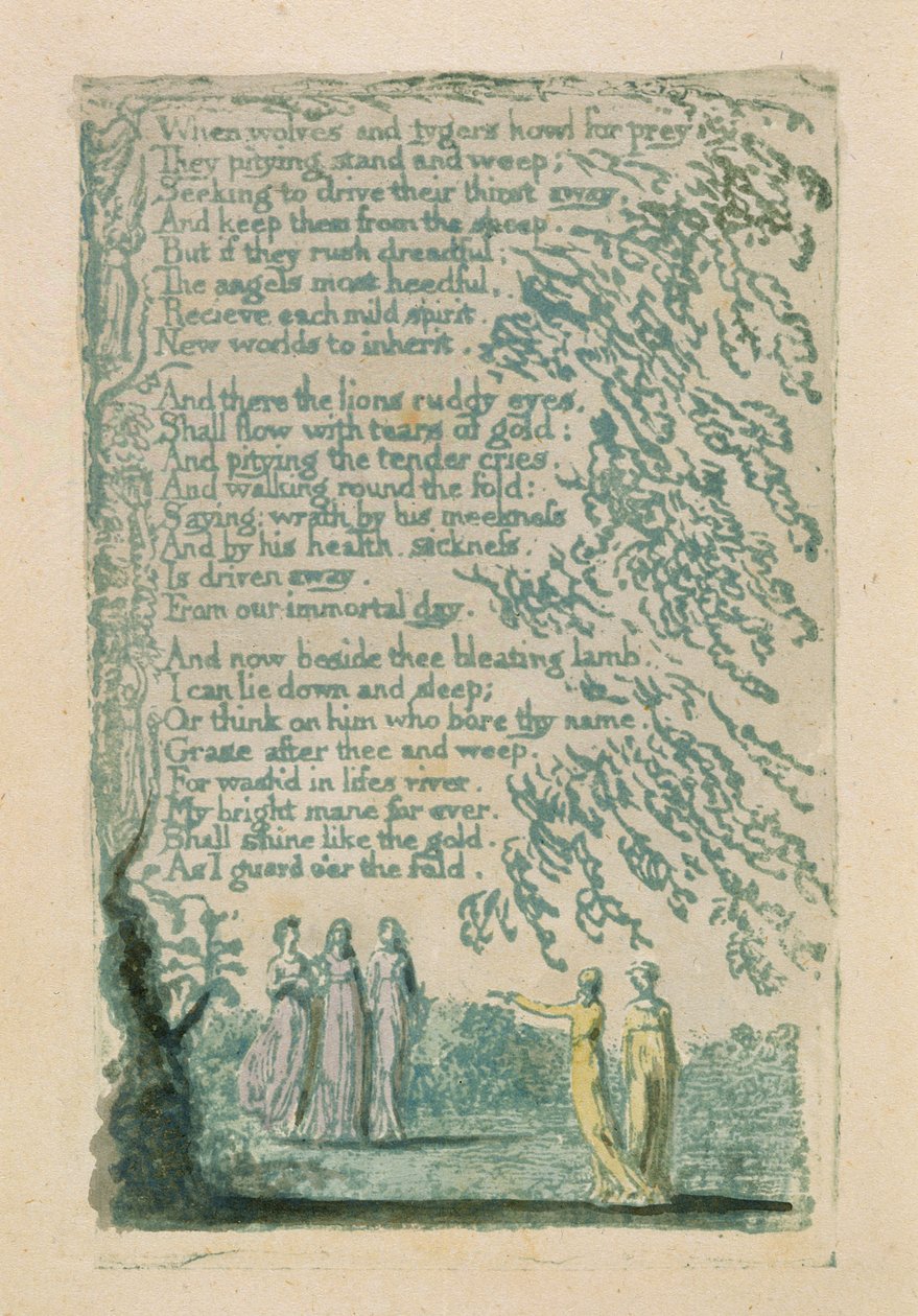 „Když vlci a tygři...“, deska 30 z „Písně nevinnosti“, 1789 (ručně kolorovaný reliéfní lept s akvarelem) od William Blake