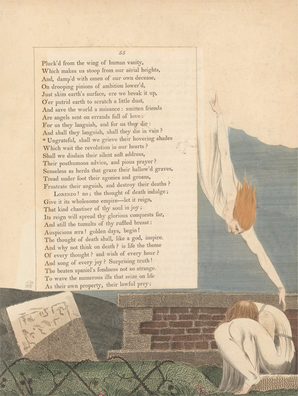 Myšlenky na noc mladých, strana 55, nevděční, zarmoutíme jejich vznášející se odstíny od William Blake