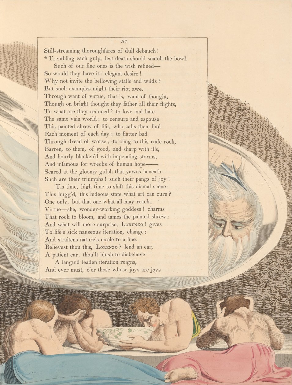 Myšlenky na noc mladých, strana 57, chvějící se každý doušek, aby smrt nezachytila mísu od William Blake