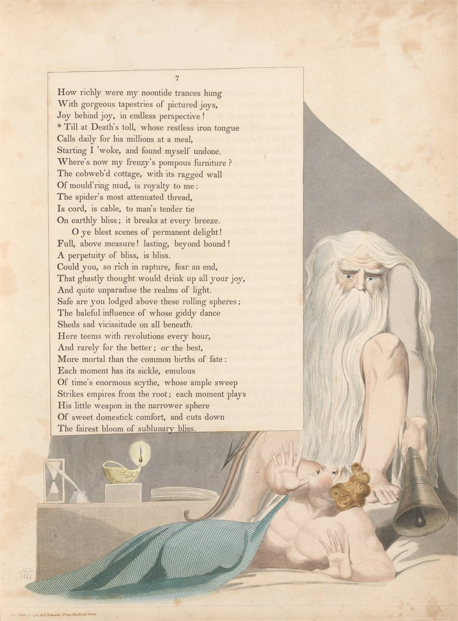 Myšlenky na noc mladých, strana 7, Tol at Deaths Toll, jejichž neklidný železný jazyk od William Blake