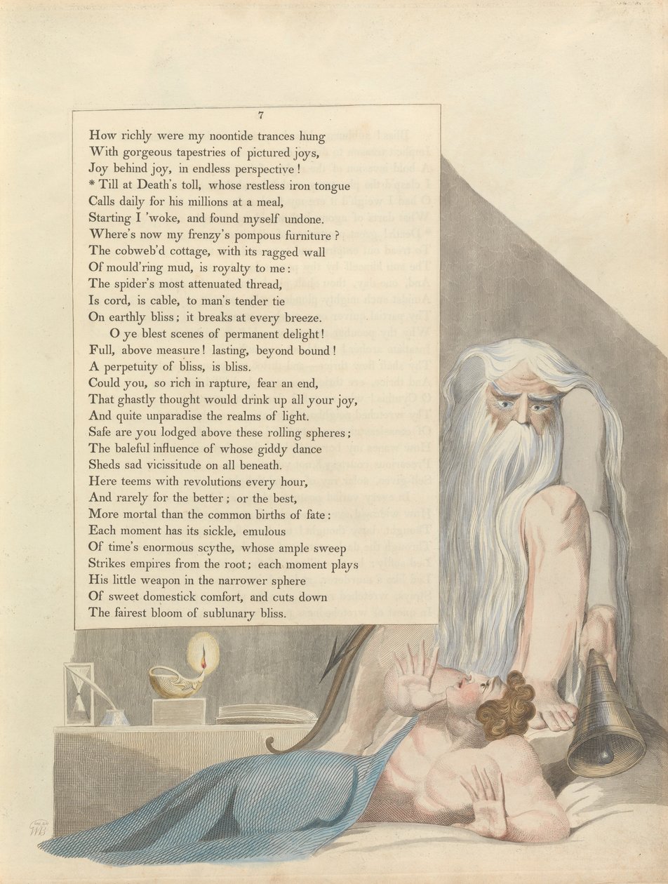 Youngs Night Thoughts, Page 7, Till at Deaths toll, jehož neklidný železný jazyk od William Blake