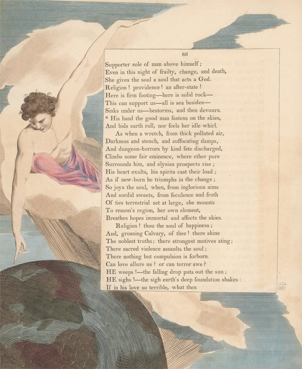 Myšlenky na noc mladých, strana 86, jeho ruka, dobrý člověk, se upevňuje na obloze od William Blake